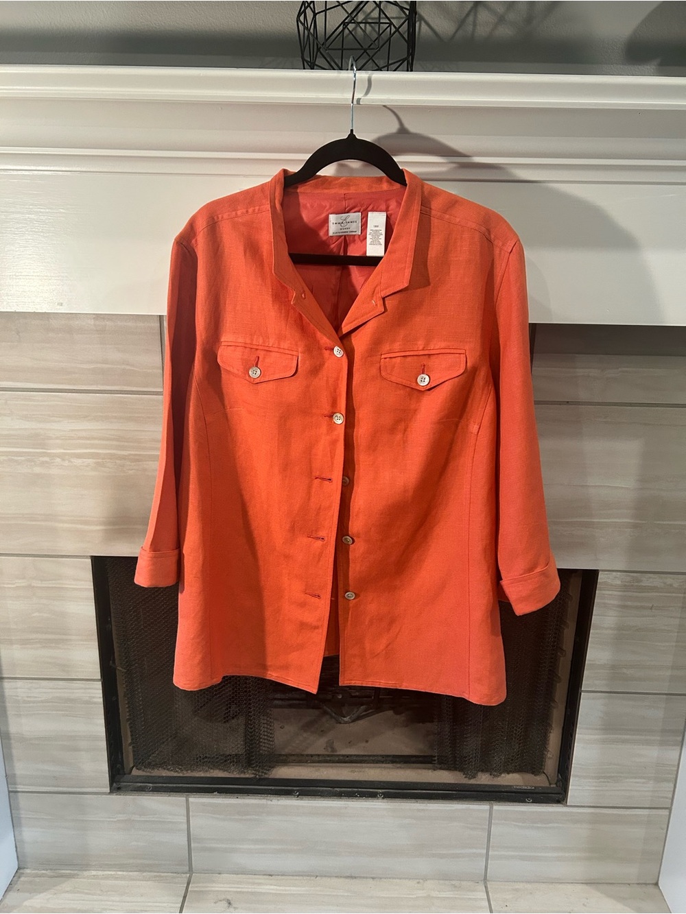 Emma James 18W Tangerine Linen Blend Shirt/ Jacket Vtg Style 3/4 Sleeve Pocket
